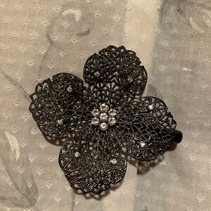 Black Floral Hair Clip with Rhinestones Large